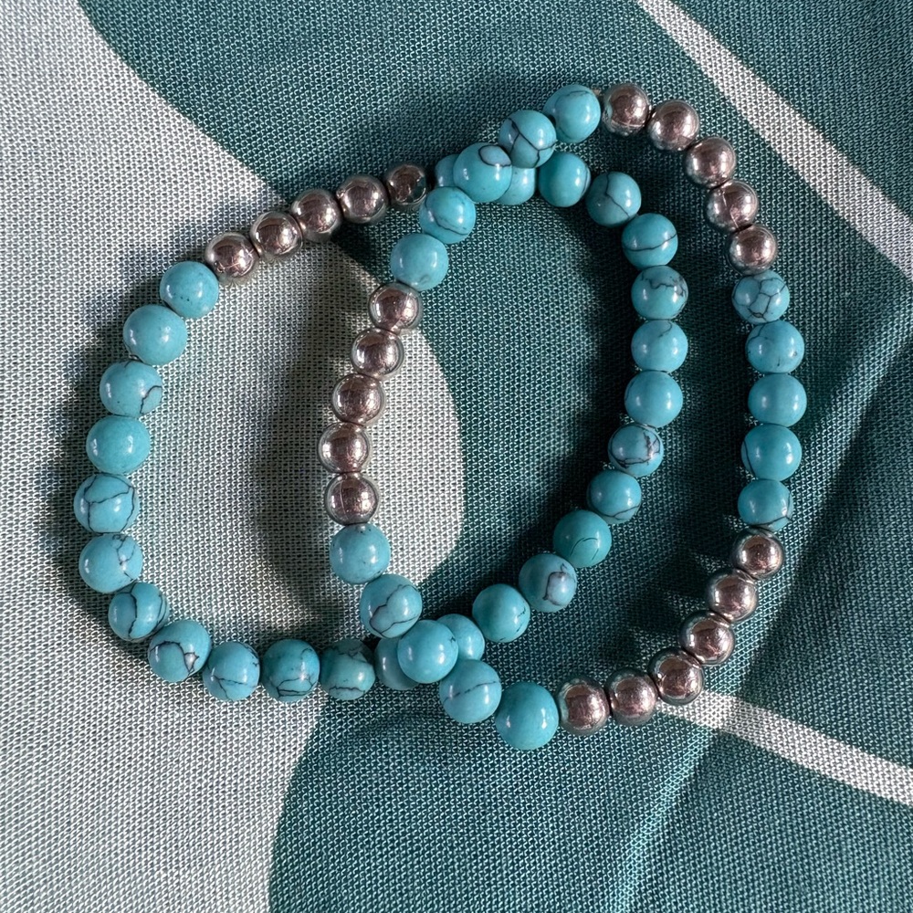 Faux Turquoise colored and Silver Beaded Bracelets
